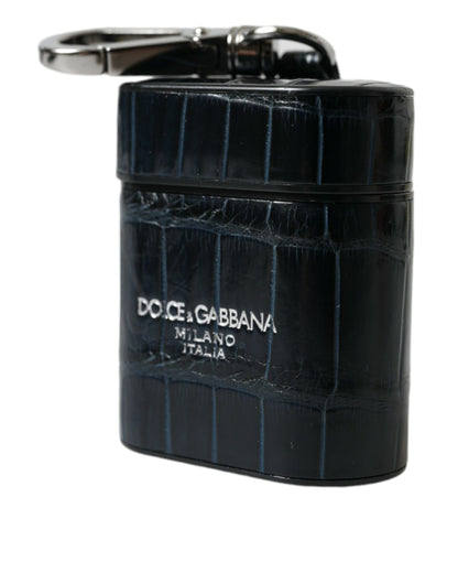 Dolce &amp; Gabbana Black Crocodile Leather Silver Metal Logo Airpods Case