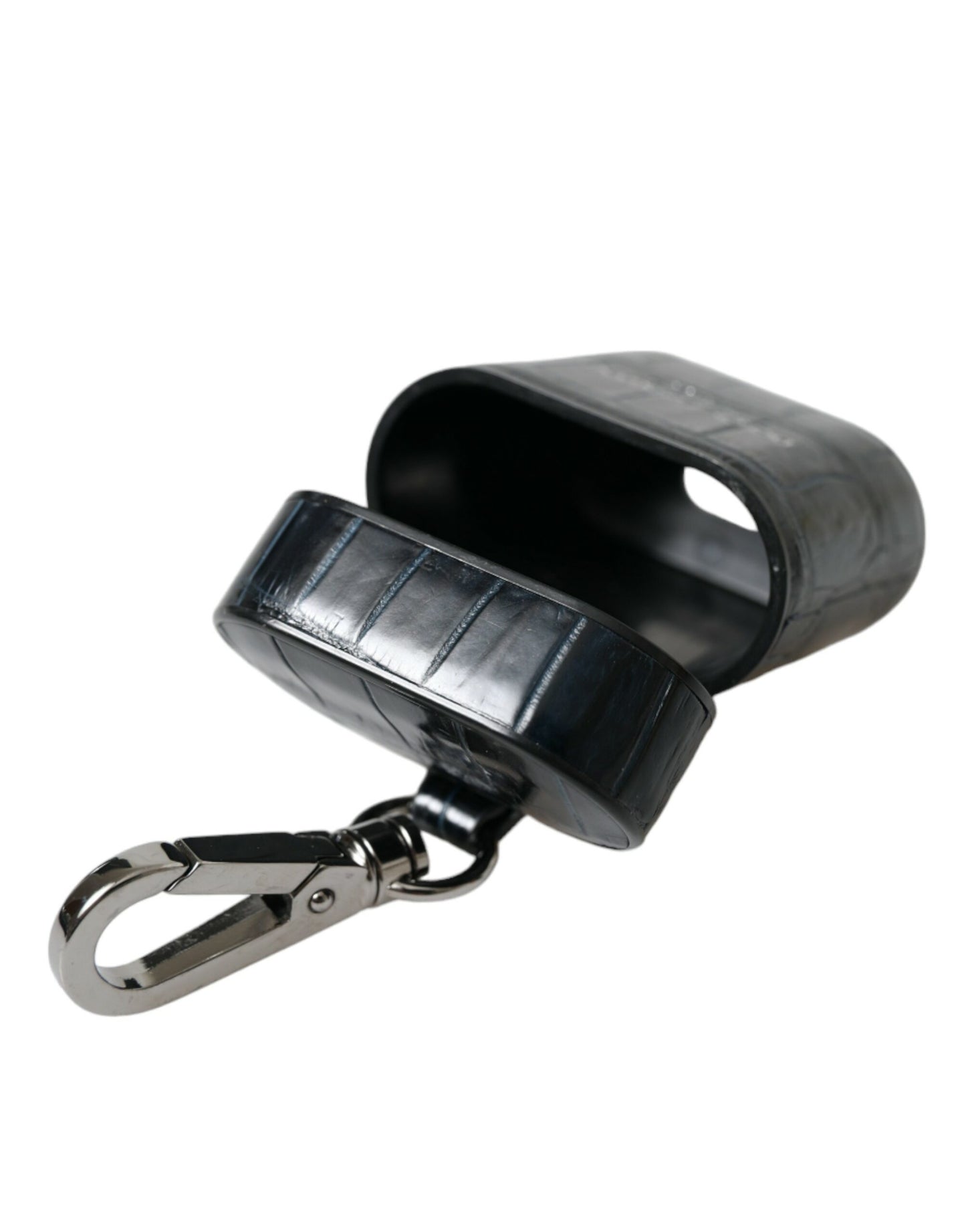 Dolce &amp; Gabbana Black Crocodile Leather Silver Metal Logo Airpods Case