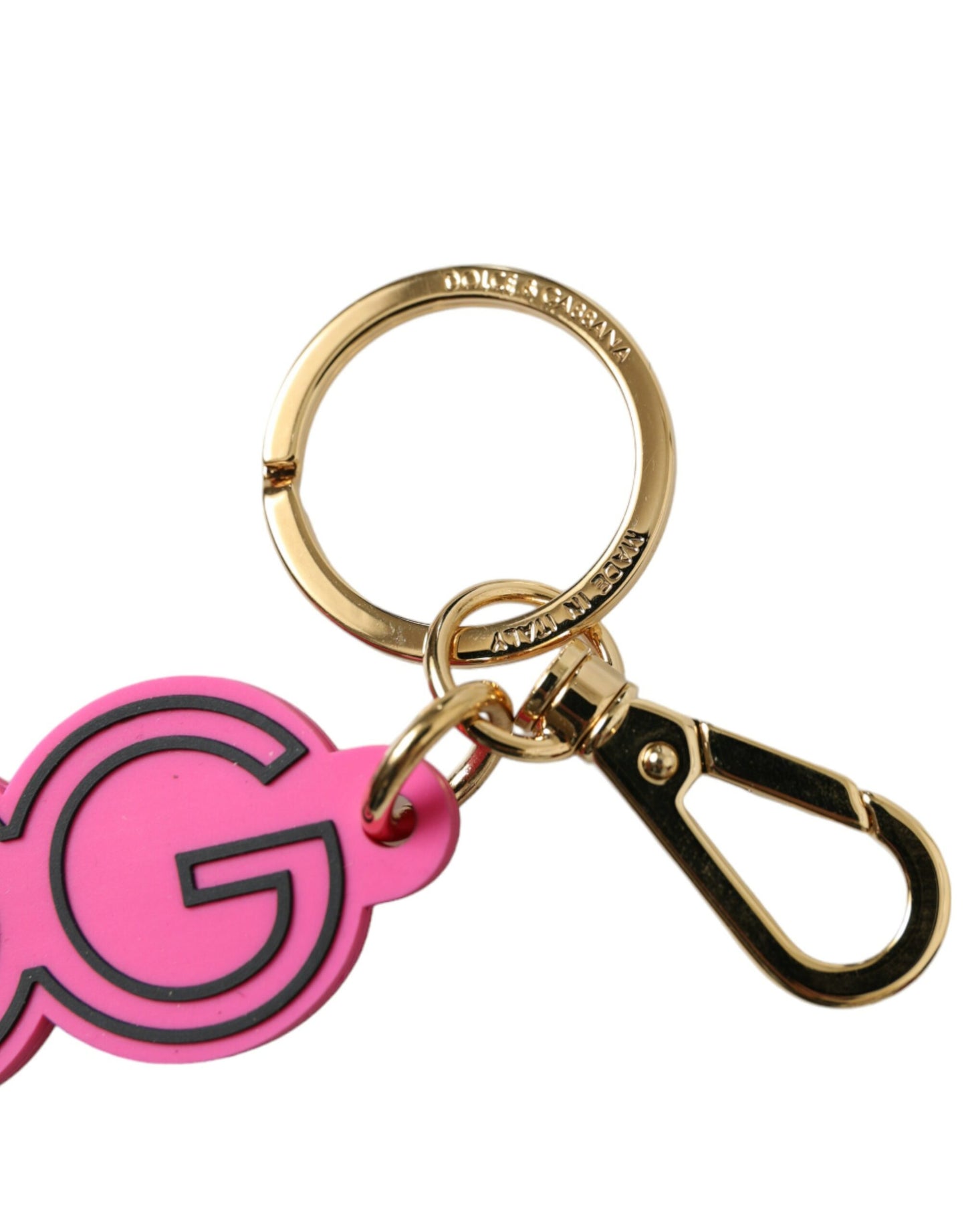 Dolce &amp; Gabbana Schlüsselanhänger mit DG-Logo aus rosa Gummi und goldfarbenem Metall