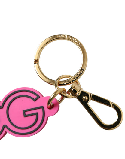 Dolce &amp; Gabbana Schlüsselanhänger mit DG-Logo aus rosa Gummi und goldfarbenem Metall