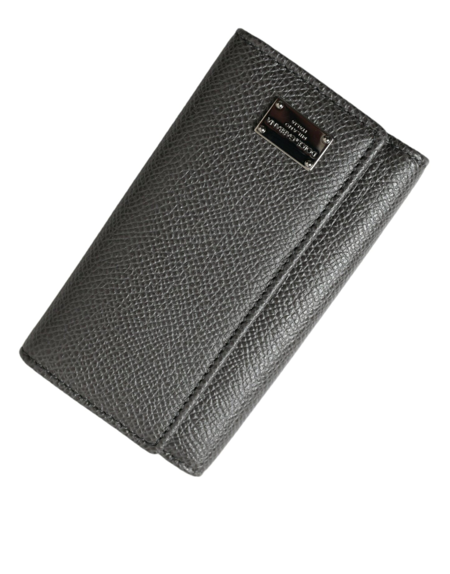 Dolce &amp; Gabbana Gray Leather Silver Metal Logo Plaque Trifold Keyring