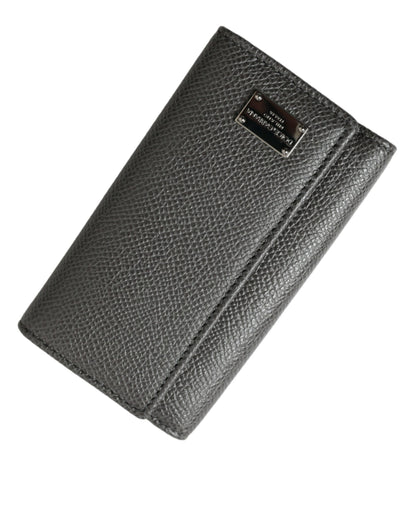 Dolce &amp; Gabbana Gray Leather Silver Metal Logo Plaque Trifold Keyring