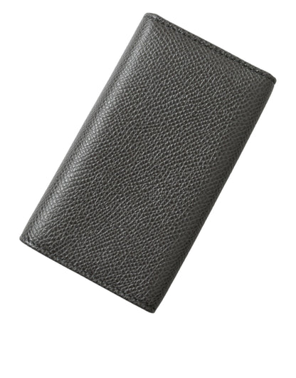 Dolce &amp; Gabbana Gray Leather Silver Metal Logo Plaque Trifold Keyring