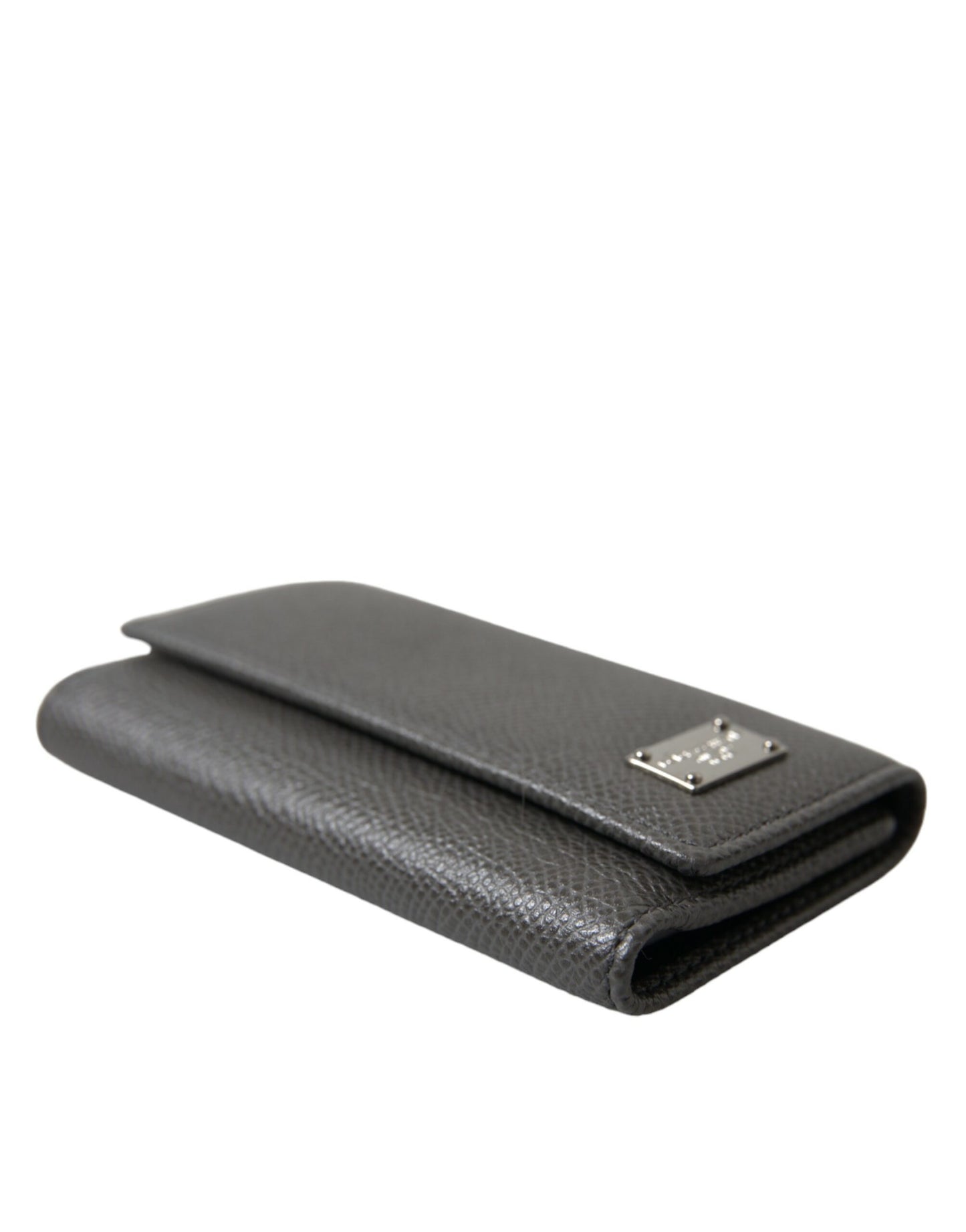 Dolce &amp; Gabbana Gray Leather Silver Metal Logo Plaque Trifold Keyring