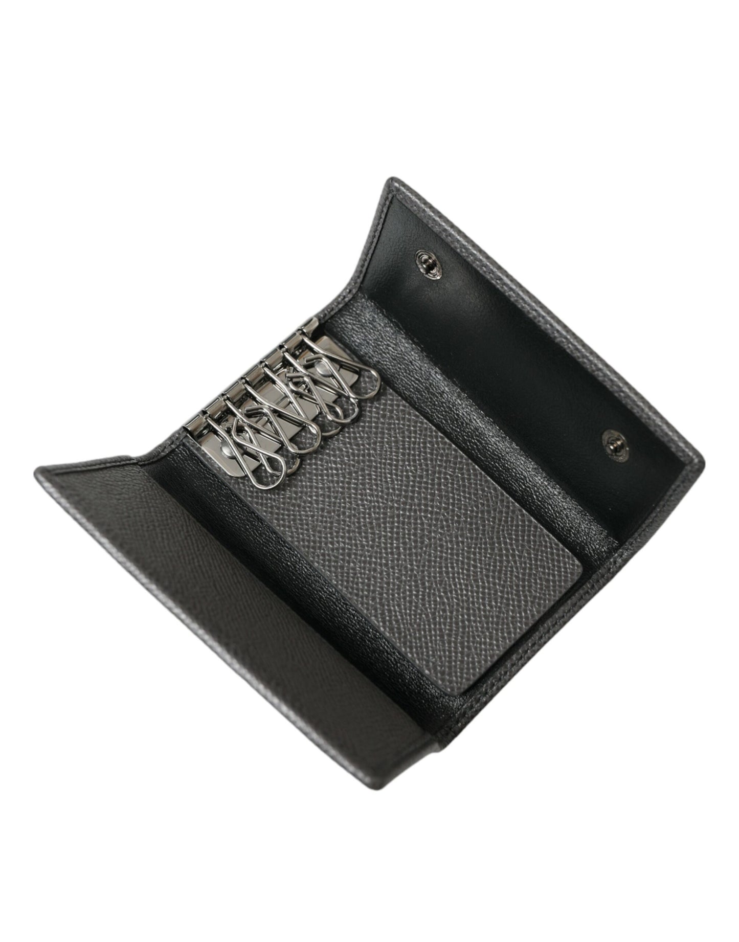 Dolce &amp; Gabbana Gray Leather Silver Metal Logo Plaque Trifold Keyring