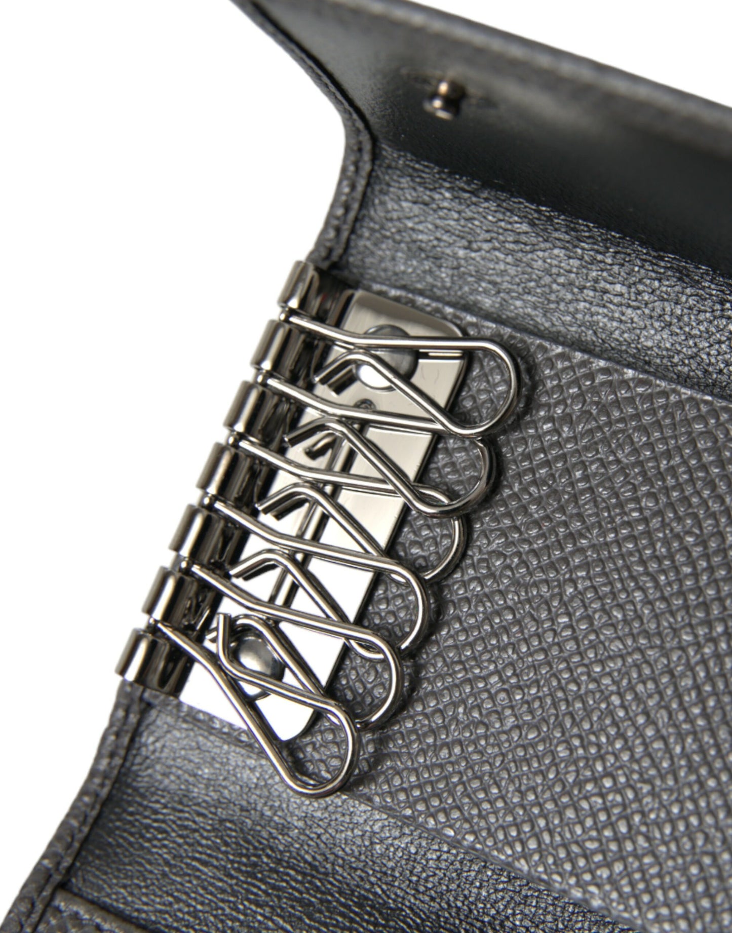 Dolce &amp; Gabbana Gray Leather Silver Metal Logo Plaque Trifold Keyring