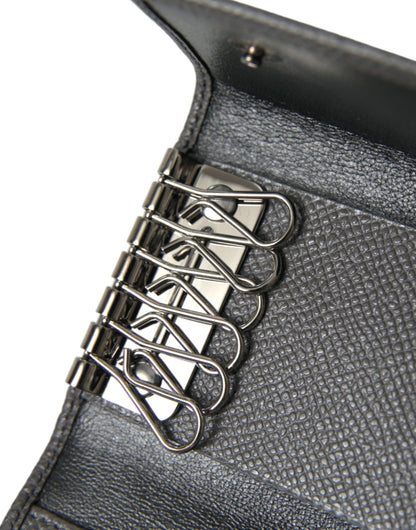 Dolce &amp; Gabbana Gray Leather Silver Metal Logo Plaque Trifold Keyring