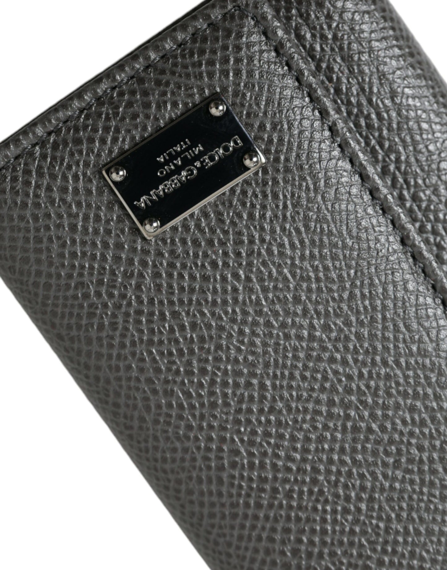 Dolce &amp; Gabbana Gray Leather Silver Metal Logo Plaque Trifold Keyring