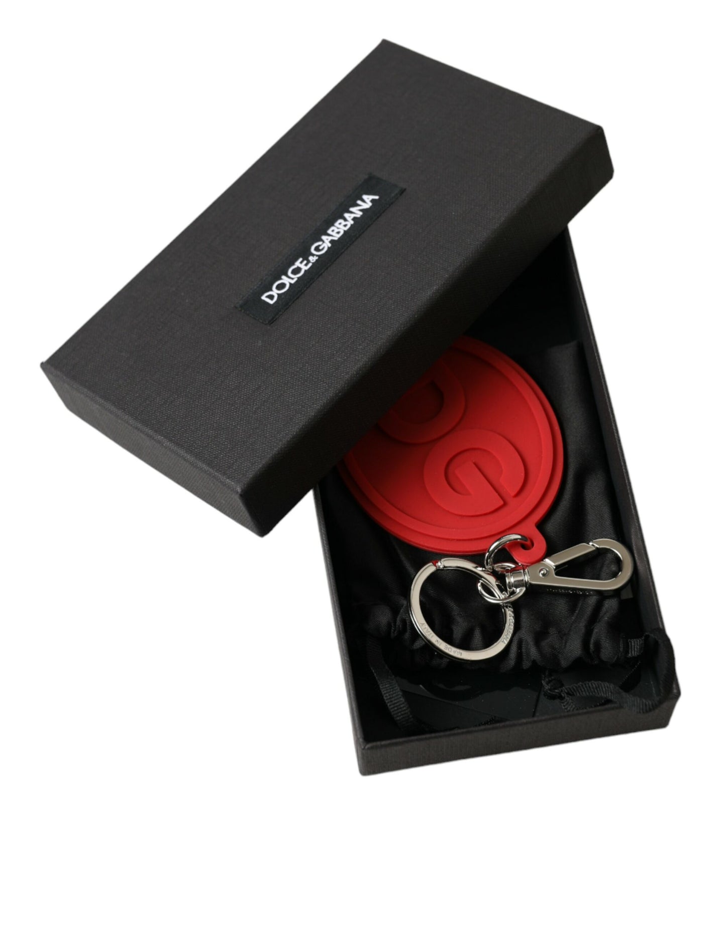 Dolce &amp; Gabbana Schlüsselanhänger mit DG-Logo aus rotem Gummi und silbernem Messing