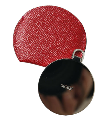 Dolce &amp; Gabbana Red Calfskin Leather Round Logo Hand Mirror Holder