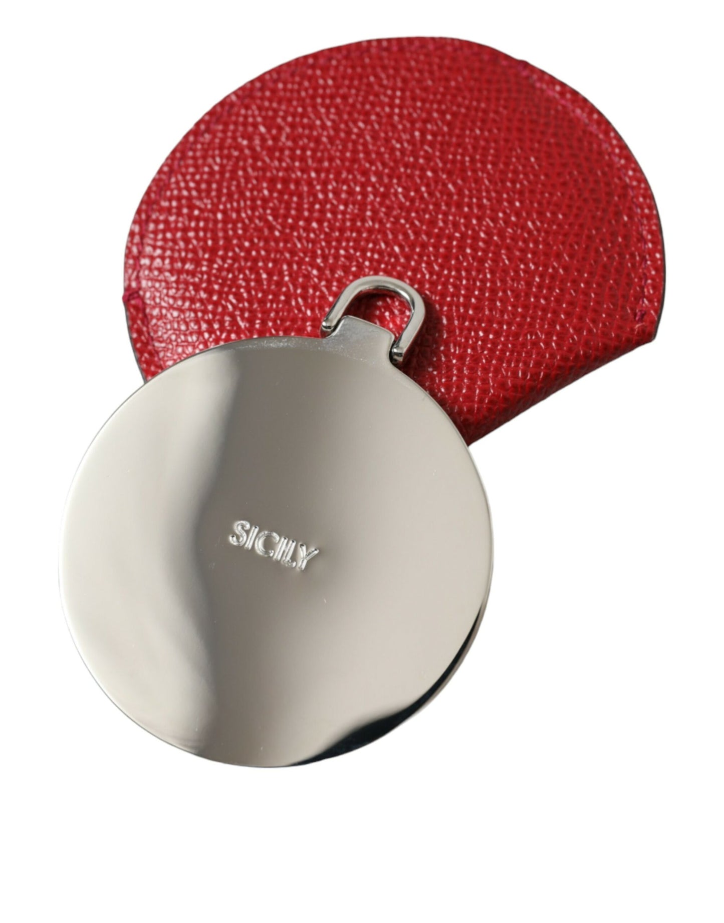Dolce &amp; Gabbana Red Calfskin Leather Round Logo Hand Mirror Holder