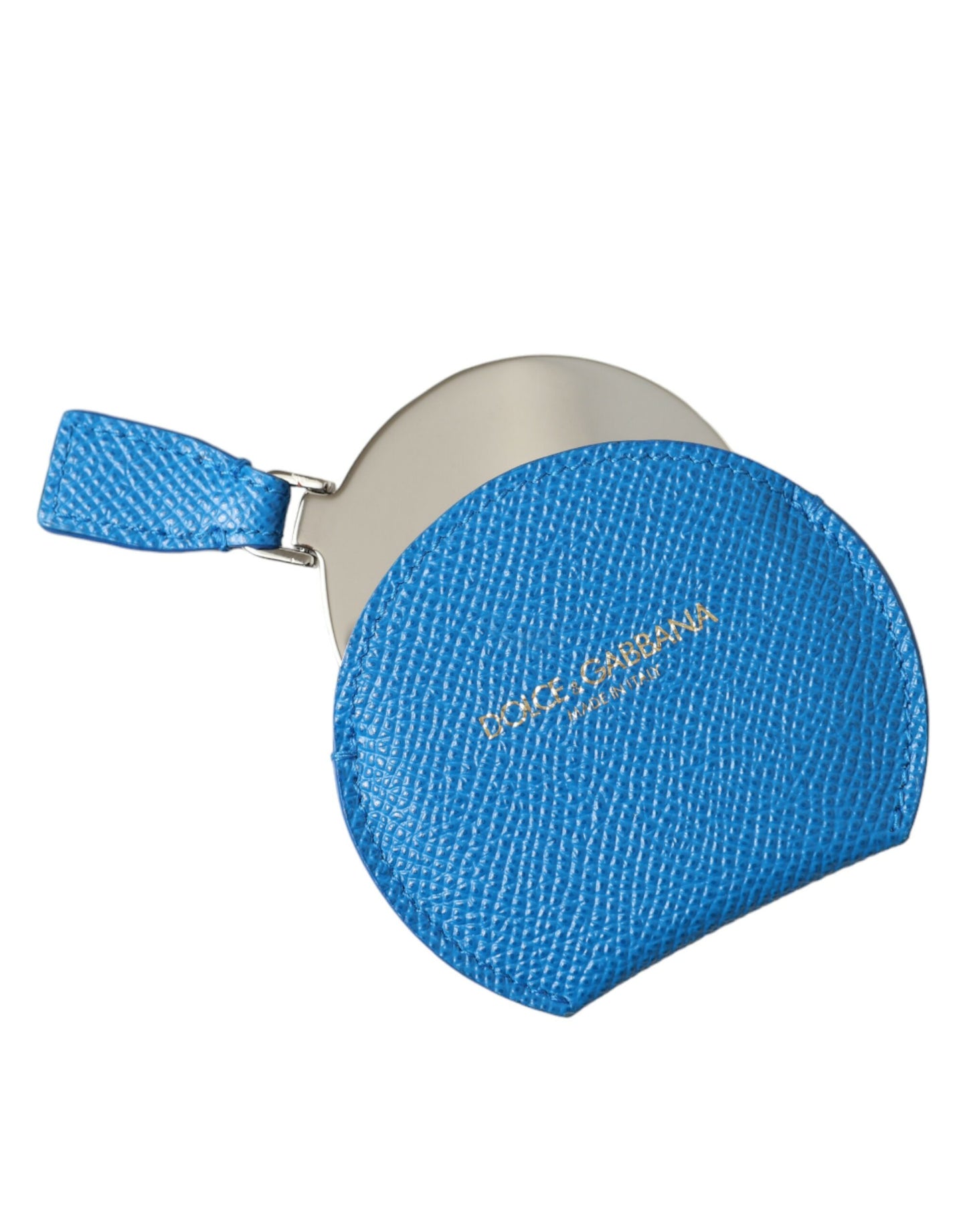 Dolce &amp; Gabbana Blue Calfskin Leather Round Logo Hand Mirror Holder