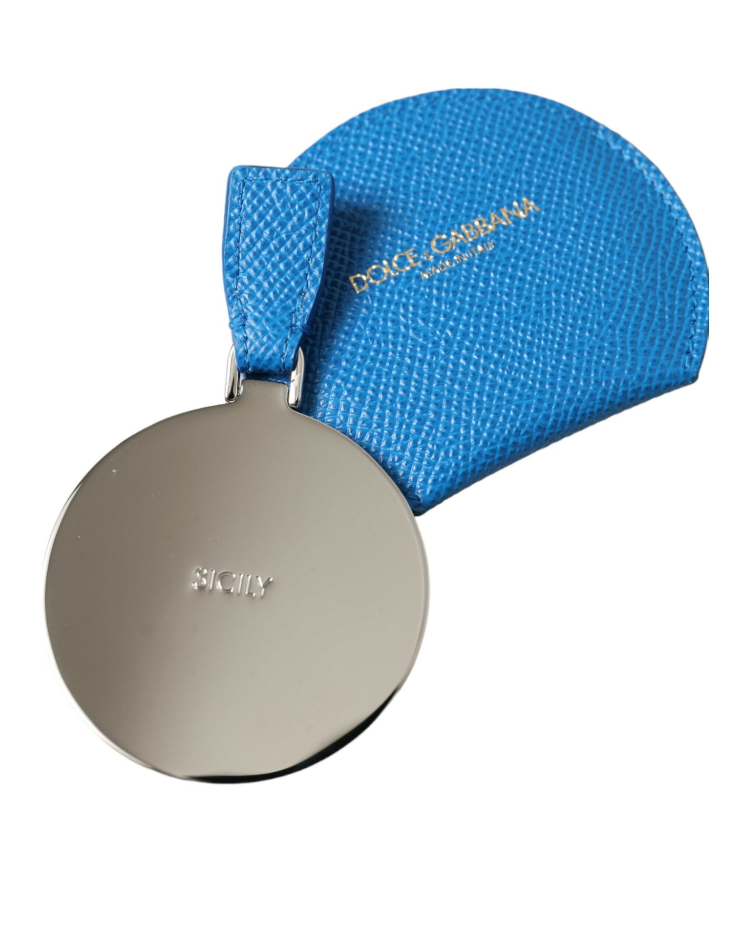 Dolce &amp; Gabbana Blue Calfskin Leather Round Logo Hand Mirror Holder