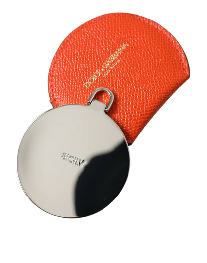Dolce &amp; Gabbana Orange Calfskin Leather Round Logo Hand Mirror Holder