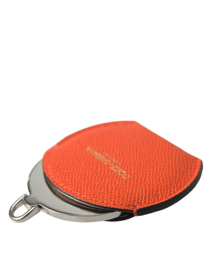 Dolce &amp; Gabbana Orange Calfskin Leather Round Logo Hand Mirror Holder