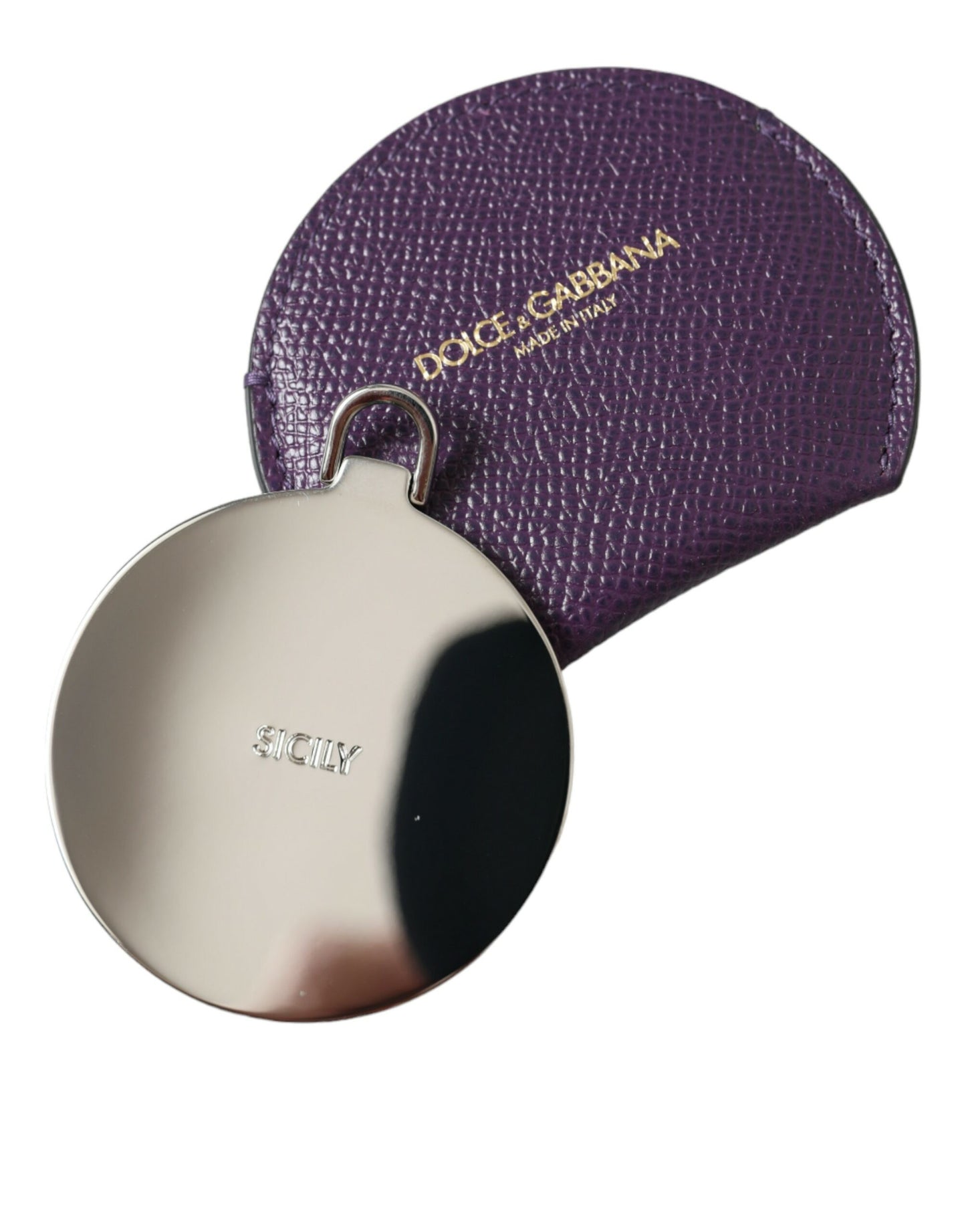 Dolce &amp; Gabbana Purple Calfskin Leather Round Logo Hand Mirror Holder