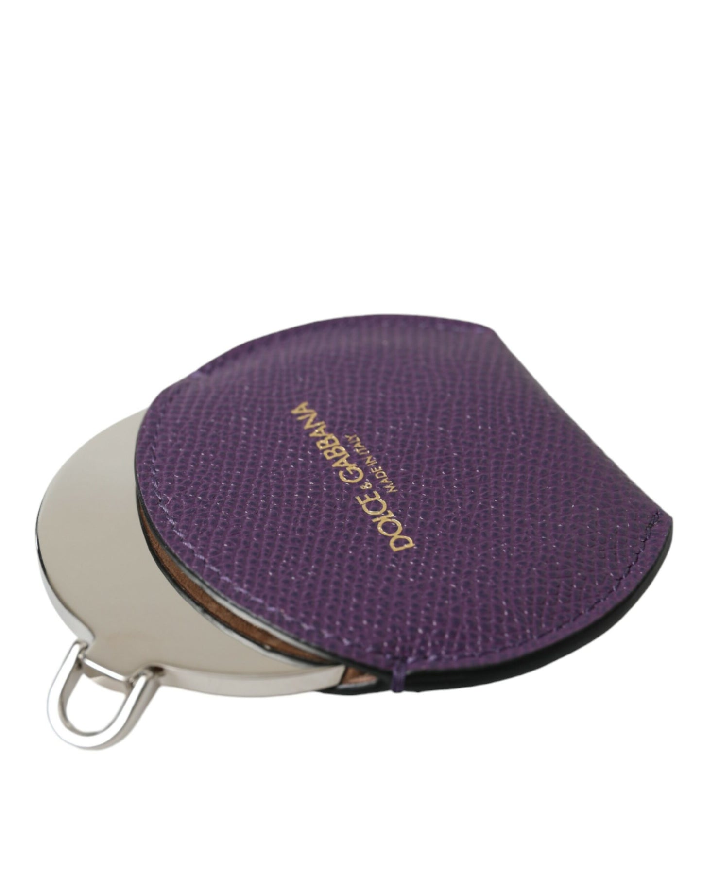 Dolce &amp; Gabbana Purple Calfskin Leather Round Logo Hand Mirror Holder