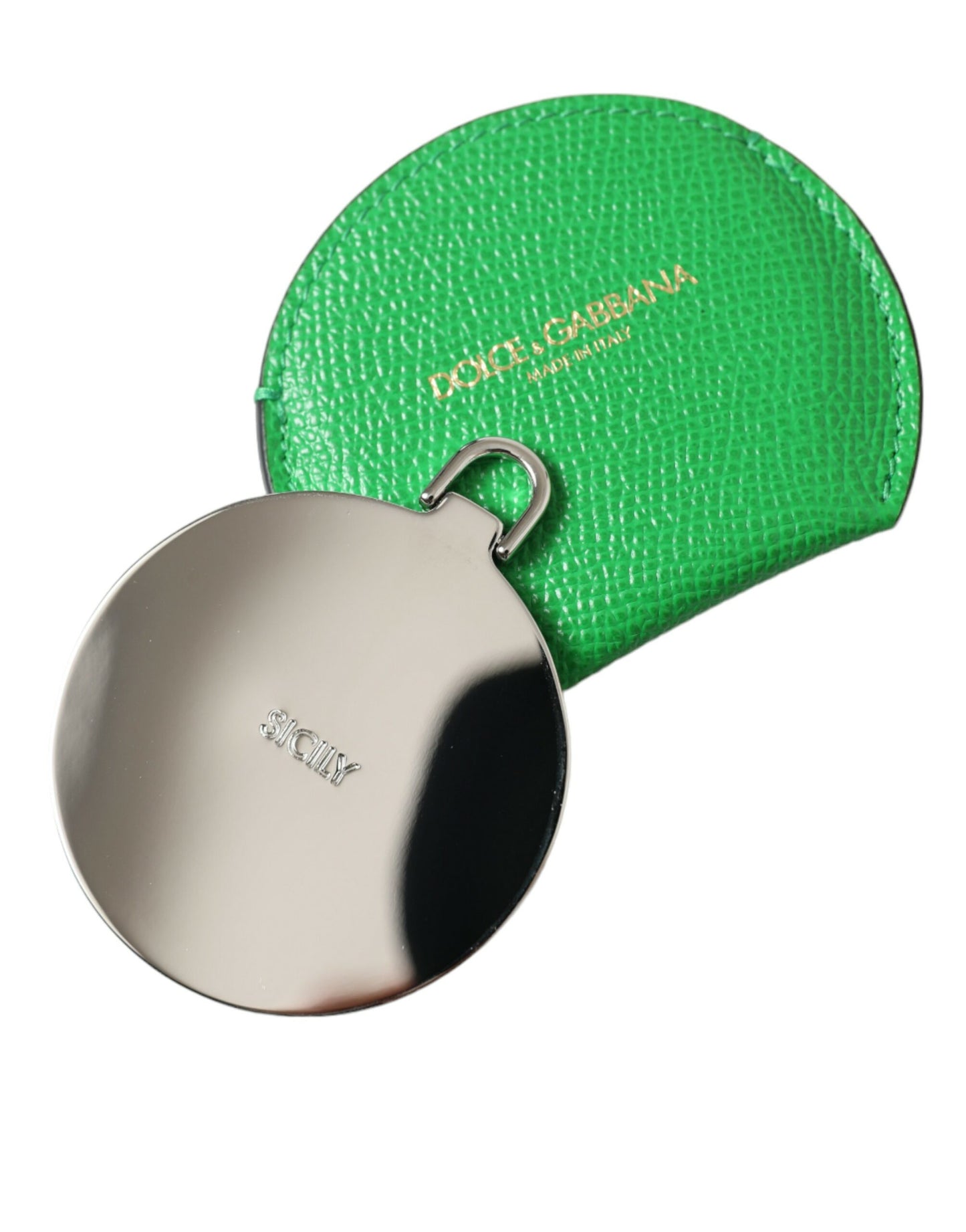Dolce &amp; Gabbana Green Calfskin Leather Round Logo Hand Mirror Holder