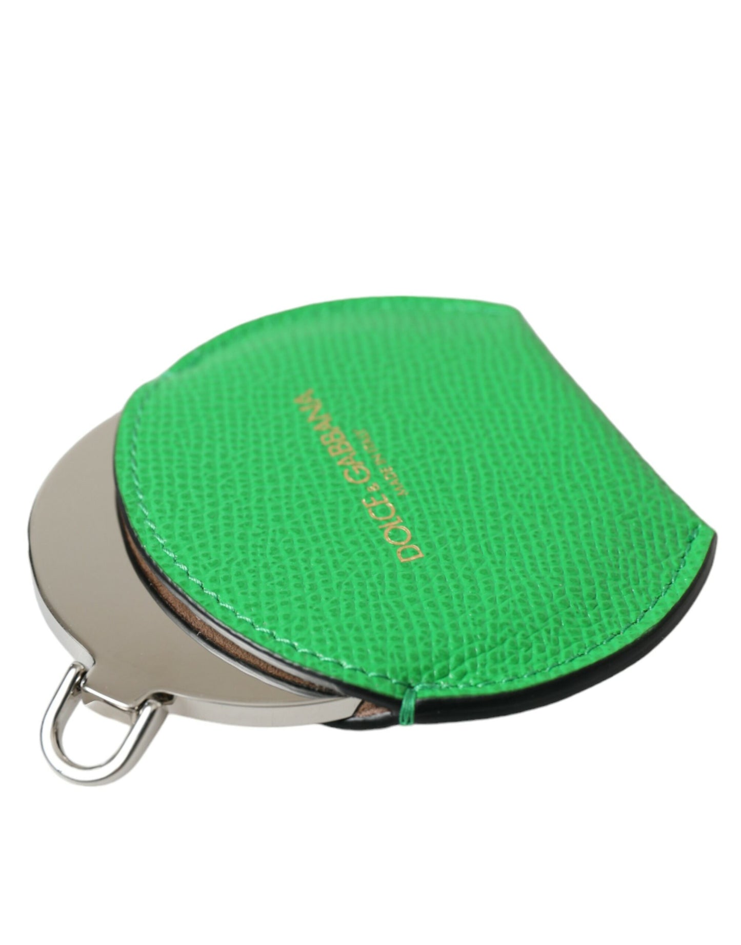 Dolce &amp; Gabbana Green Calfskin Leather Round Logo Hand Mirror Holder