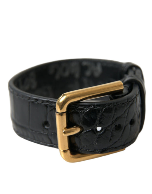 Dolce &amp; Gabbana Black Textured Leather Gold Tone Metal Buckle Bracelet