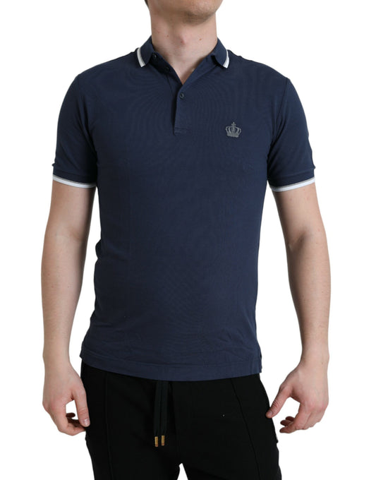 Dolce &amp; Gabbana – Blaues Poloshirt aus Baumwolle mit Kronenaufnäher und Kragen für Herren
