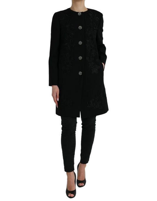 Dolce &amp; Gabbana – Schwarze Wolljacke mit Blumenmuster und Knopfverzierung