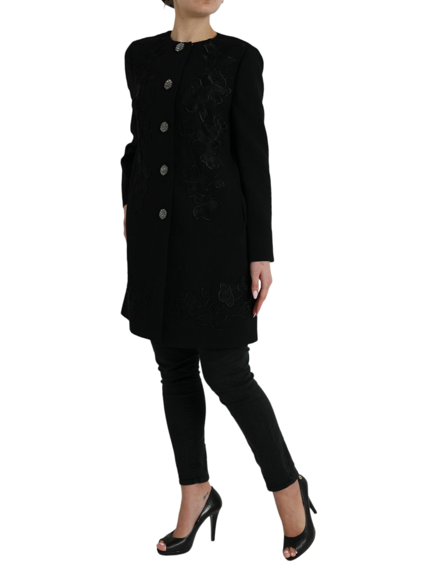 Dolce &amp; Gabbana – Schwarze Wolljacke mit Blumenmuster und Knopfverzierung