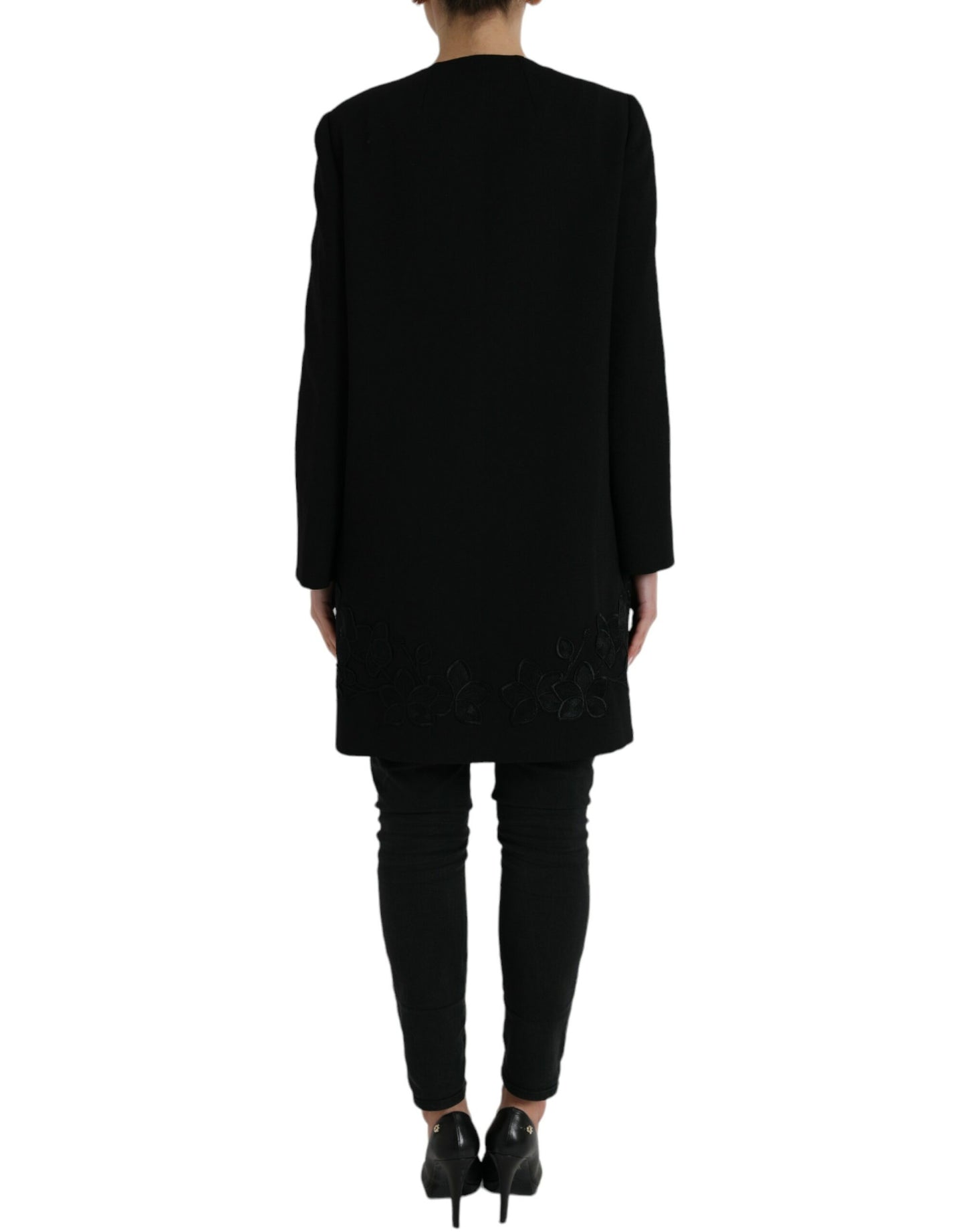 Dolce &amp; Gabbana – Schwarze Wolljacke mit Blumenmuster und Knopfverzierung