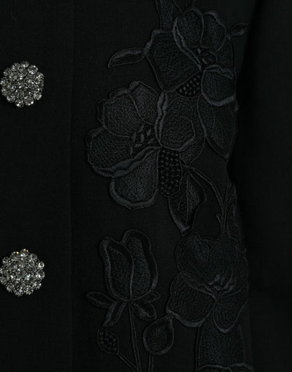 Dolce &amp; Gabbana – Schwarze Wolljacke mit Blumenmuster und Knopfverzierung