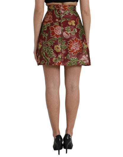 Dolce &amp; Gabbana – Kastanienbrauner Minirock aus Jacquard mit Blumenmuster in A-Linie