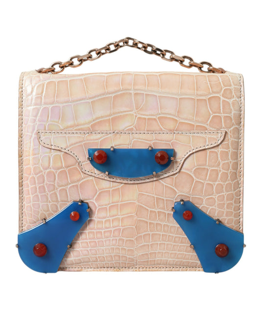 Balenciaga Beige Blau Achat Exotisches Leder Gold Kette Handtasche Tasche