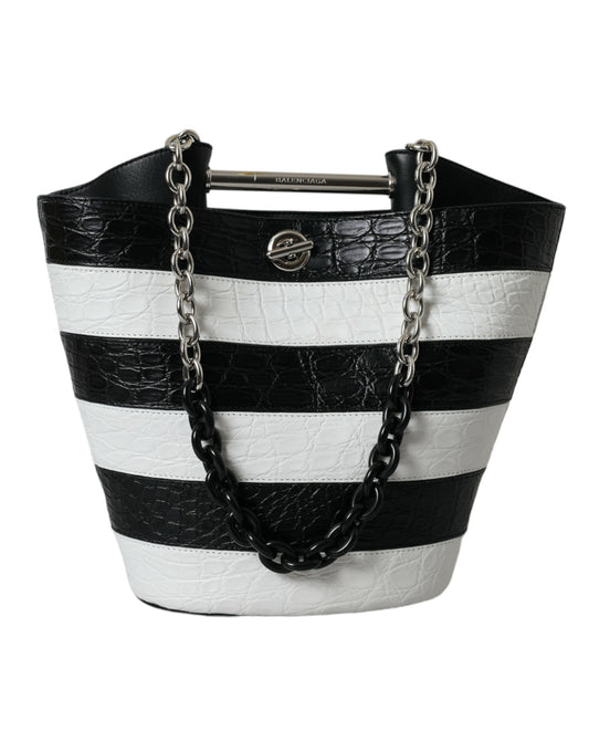Balenciaga – Maxi-Eimertasche aus Leder mit Streifen in Schwarz und Weiß