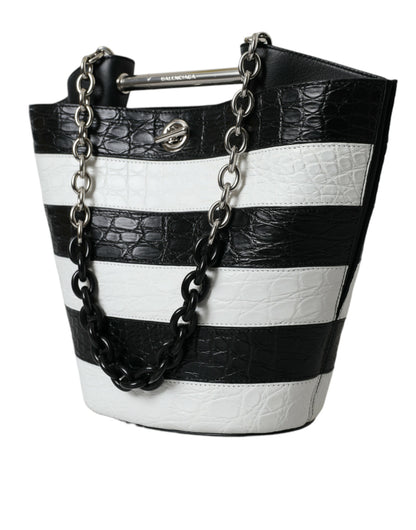 Balenciaga – Maxi-Eimertasche aus Leder mit Streifen in Schwarz und Weiß