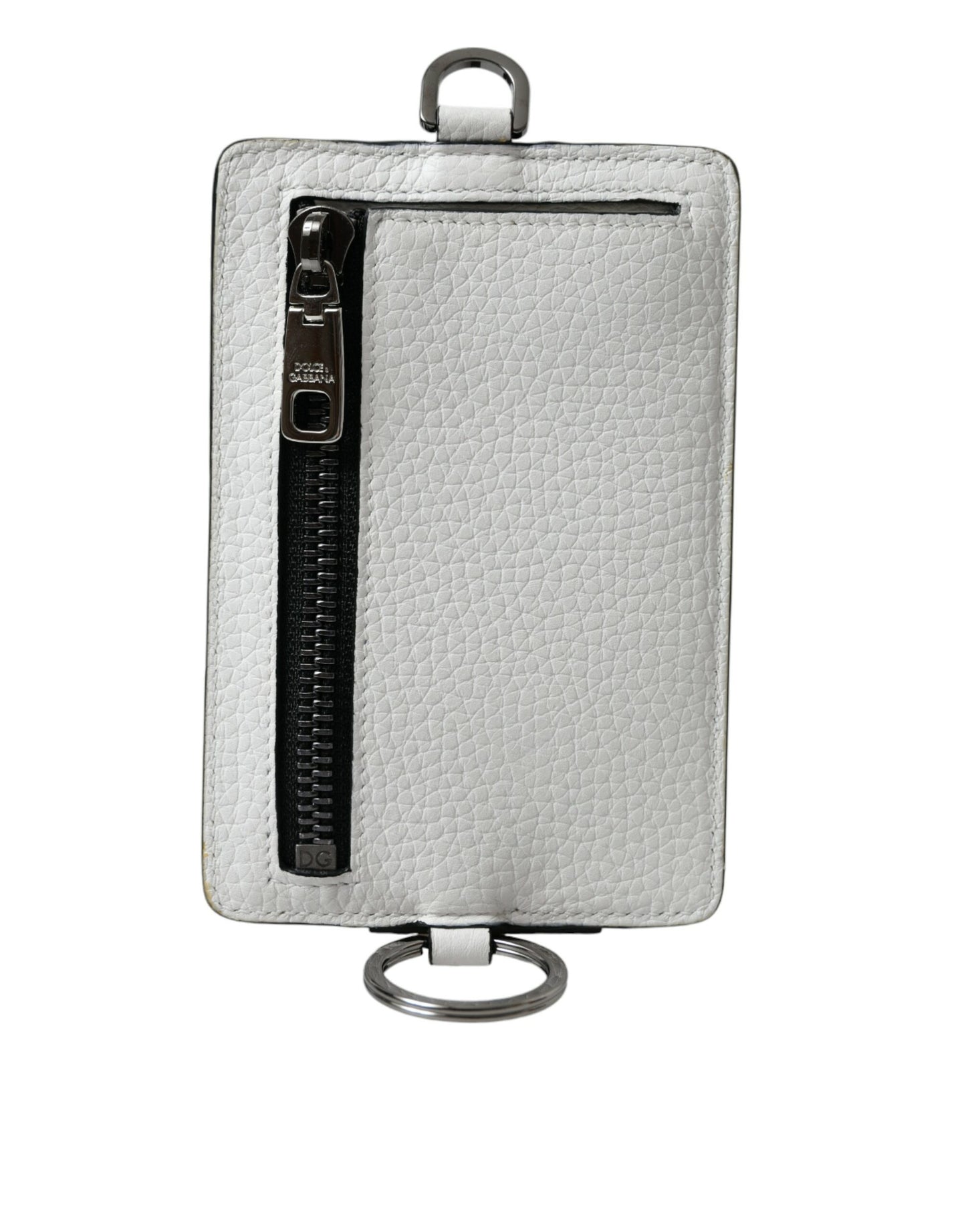 Dolce &amp; Gabbana White Calf Leather Lanyard Logo Card Holder Wallet