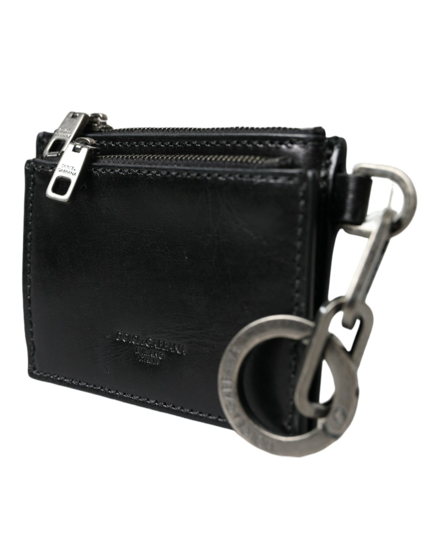 Dolce &amp; Gabbana Black Leather Zip Logo Keyring Coin Purse Keyring Wallet