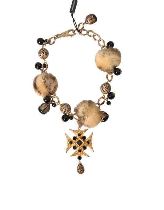 Dolce &amp; Gabbana – Filigrane Halskette aus Lapin-Fell in Gold und Schwarz mit Kristallen