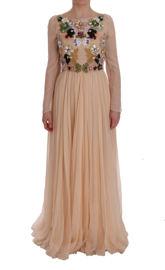 Dolce &amp; Gabbana – Maxikleid aus rosa Seide mit Blumenmuster und Kristallen