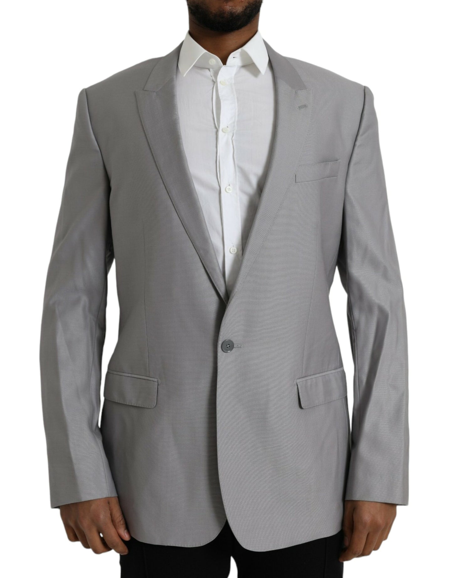 Dolce &amp; Gabbana – Einreihiger Blazer aus grauer Wolle mit Spitze