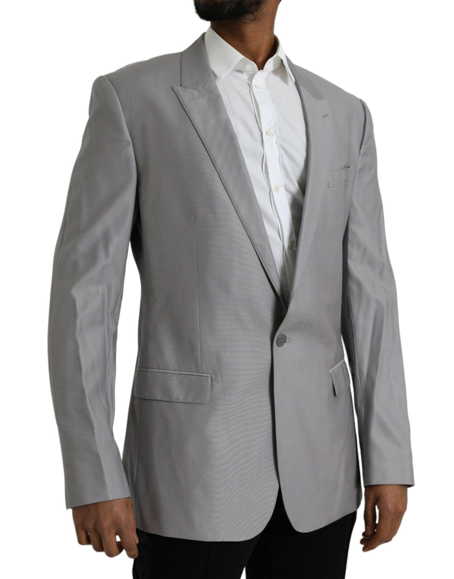 Dolce &amp; Gabbana – Einreihiger Blazer aus grauer Wolle mit Spitze