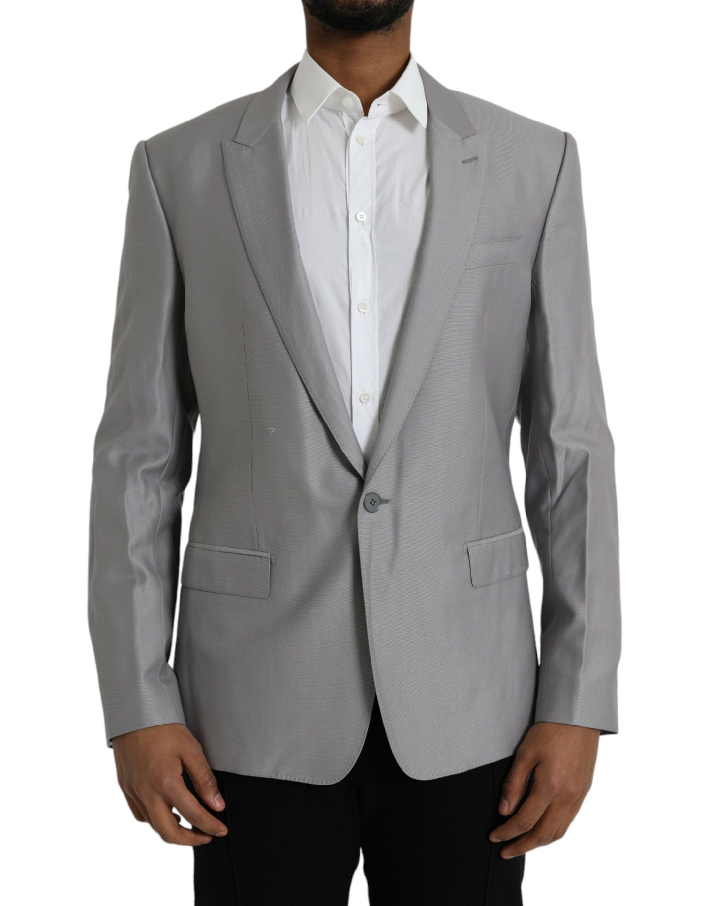 Dolce &amp; Gabbana – Einreihiger Blazer aus grauer Wolle mit Spitze