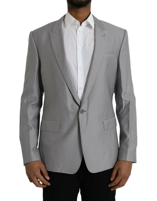 Dolce &amp; Gabbana – Einreihiger Blazer aus grauer Wolle mit Spitze