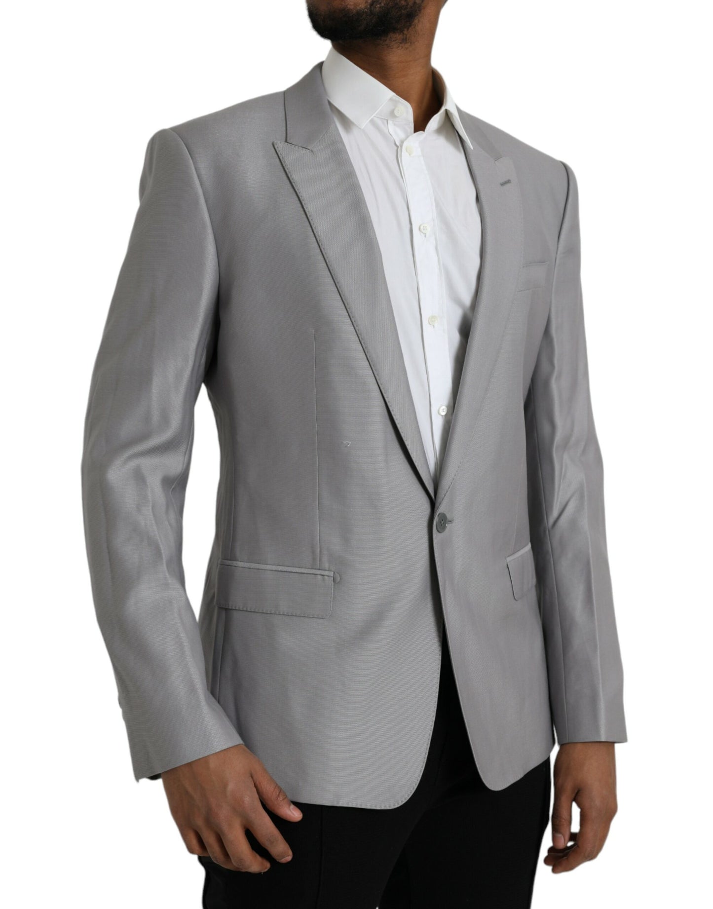 Dolce &amp; Gabbana – Einreihiger Blazer aus grauer Wolle mit Spitze