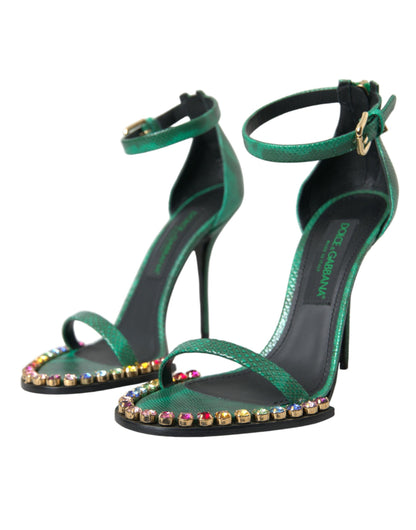 Dolce &amp; Gabbana Grüne Sandalen aus exotischem Leder mit Kristallen