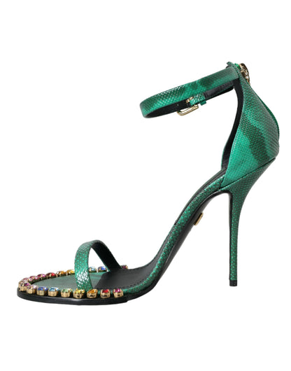 Dolce &amp; Gabbana Grüne Sandalen aus exotischem Leder mit Kristallen