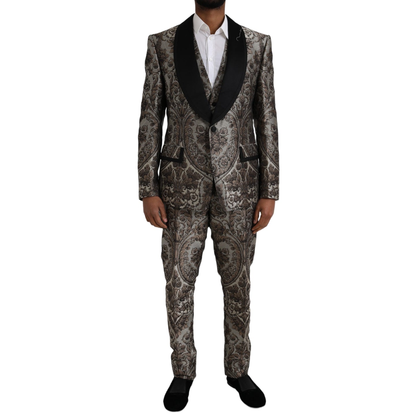 Dolce &amp; Gabbana – Formeller dreiteiliger Anzug aus braunem Jacquard mit Blumenmuster