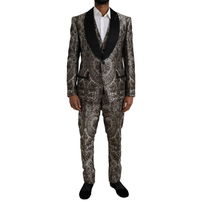 Dolce &amp; Gabbana – Formeller dreiteiliger Anzug aus braunem Jacquard mit Blumenmuster