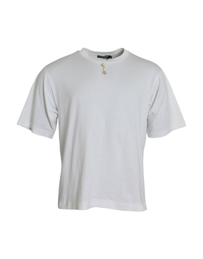 Dolce &amp; Gabbana – Weißes, verziertes Baumwoll-T-Shirt mit Rundhalsausschnitt