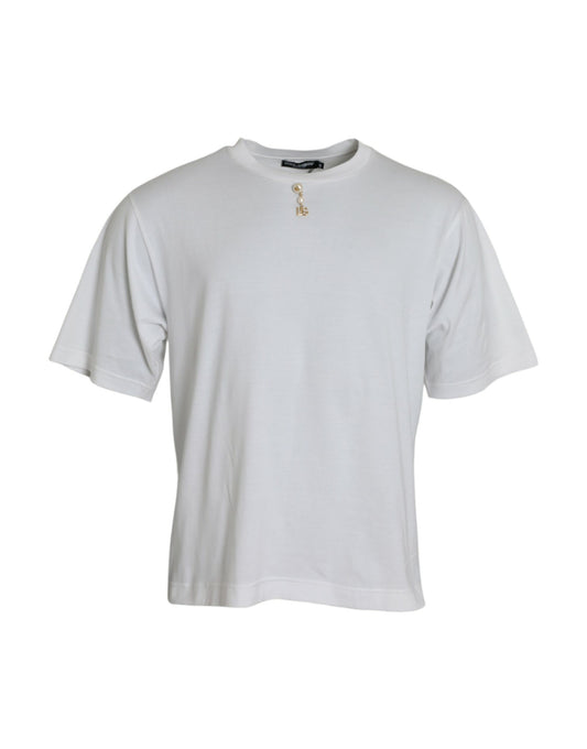 Dolce &amp; Gabbana – Weißes, verziertes Baumwoll-T-Shirt mit Rundhalsausschnitt