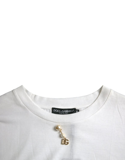 Dolce &amp; Gabbana – Weißes, verziertes Baumwoll-T-Shirt mit Rundhalsausschnitt