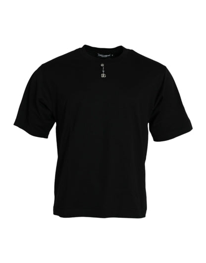 Dolce &amp; Gabbana – Schwarzes, verziertes T-Shirt aus Baumwolle mit Rundhalsausschnitt